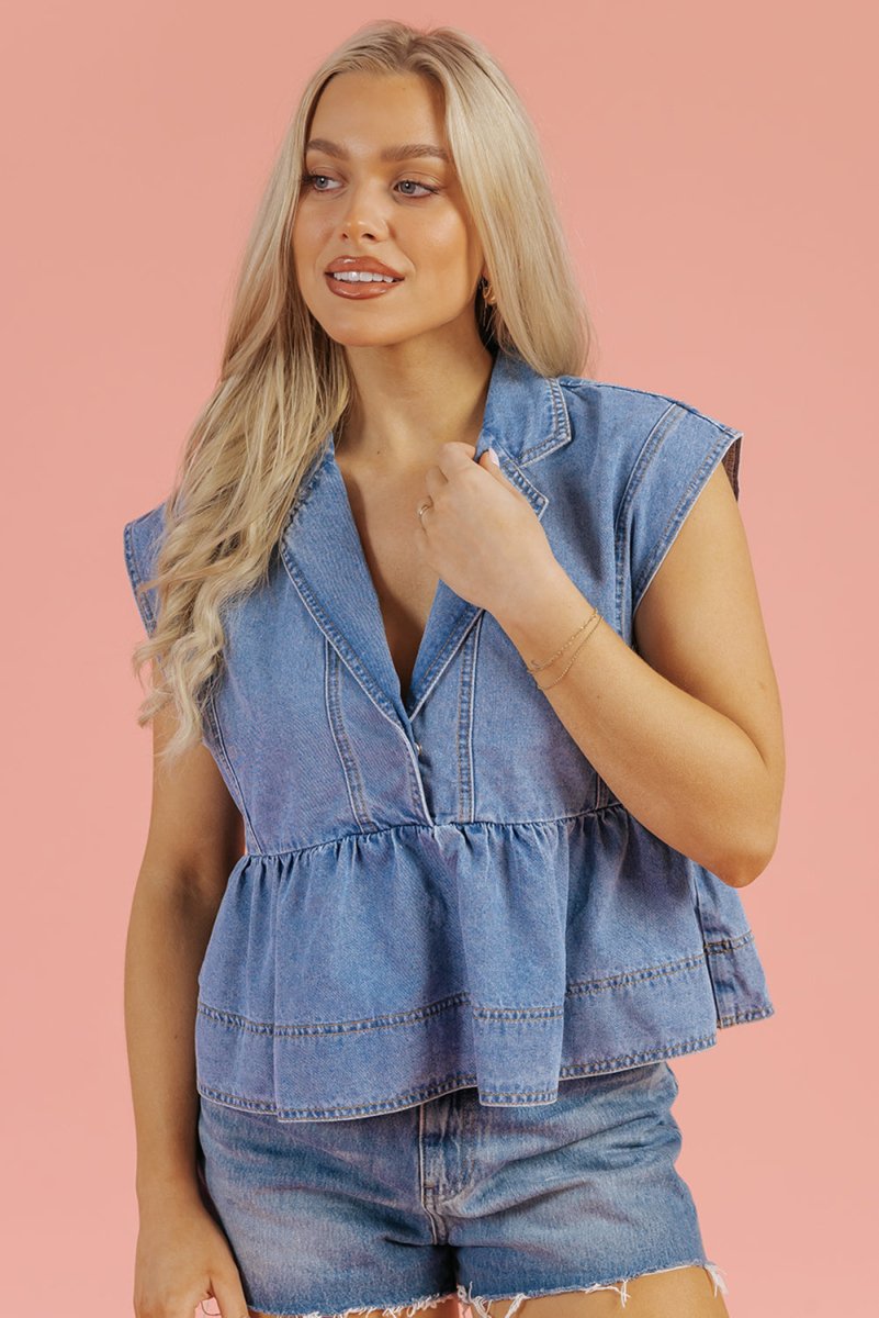 Dusk Blue Lapel Denim Babydoll Top for Casual Style - Love Salve