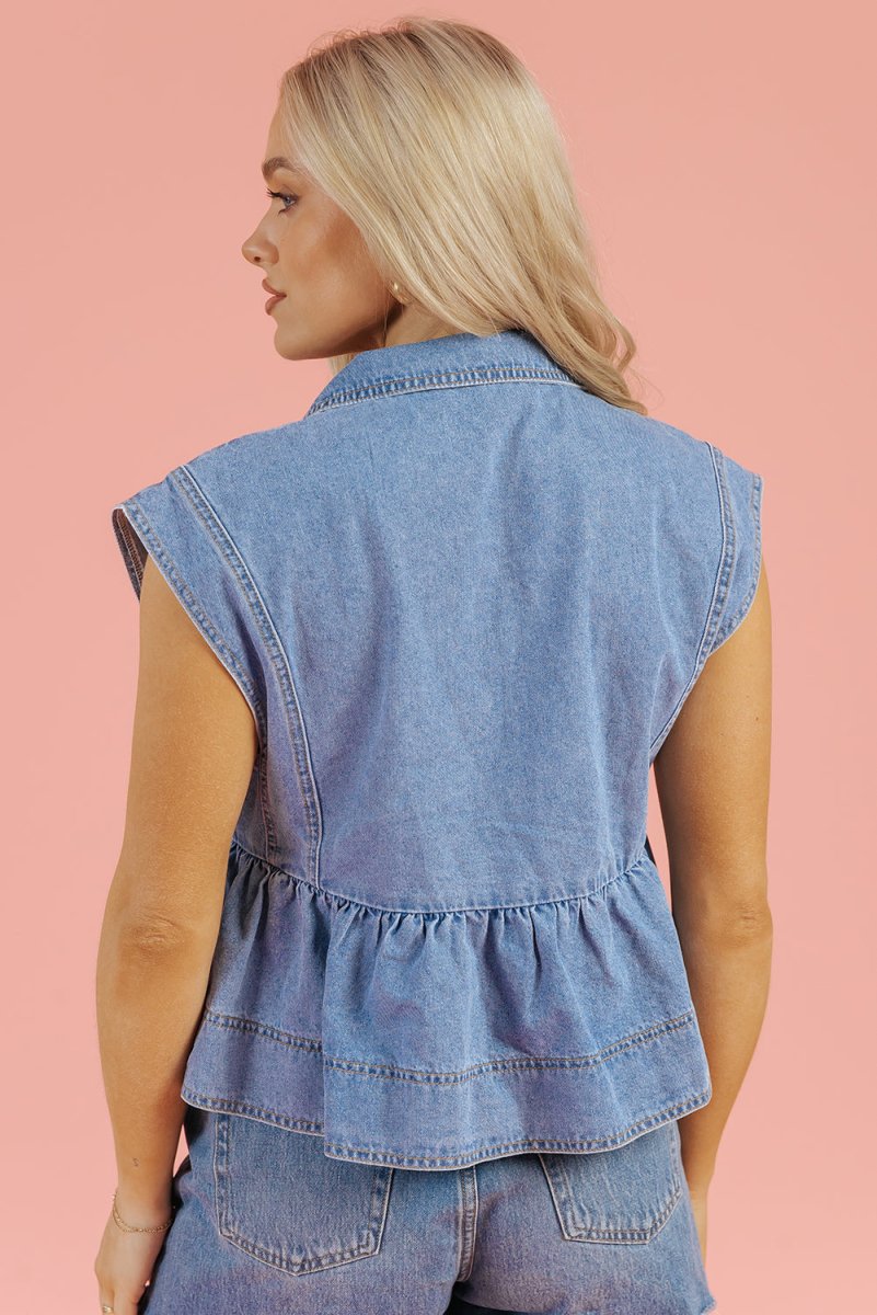 Dusk Blue Lapel Denim Babydoll Top for Casual Style - Love Salve