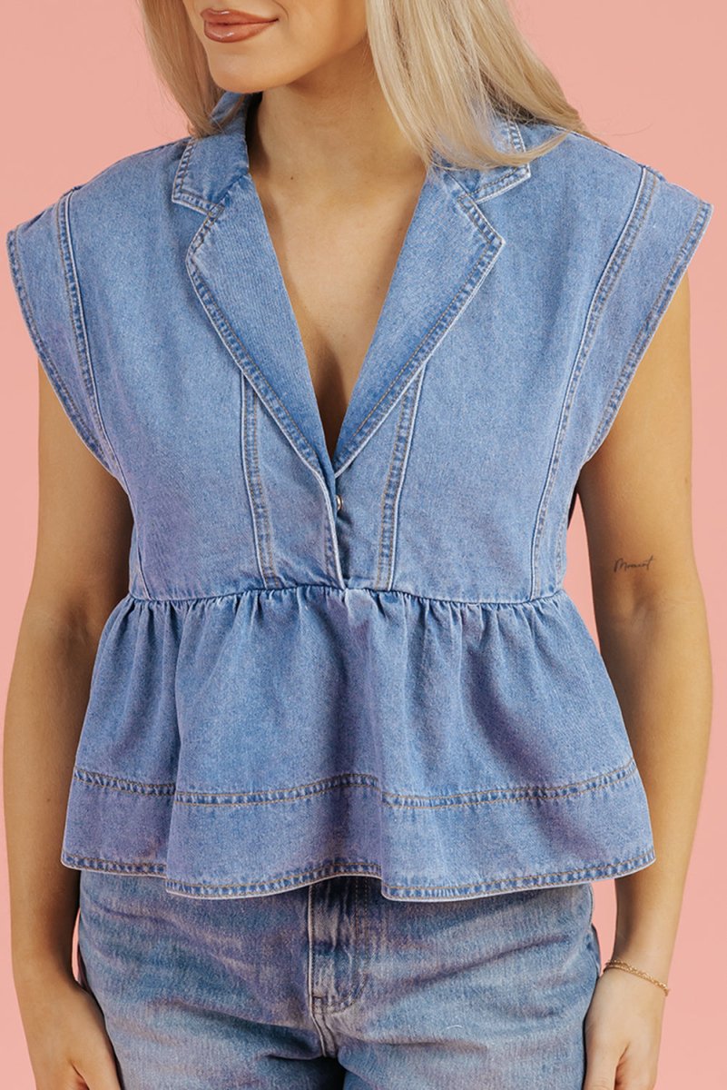Dusk Blue Lapel Denim Babydoll Top for Casual Style - Love Salve