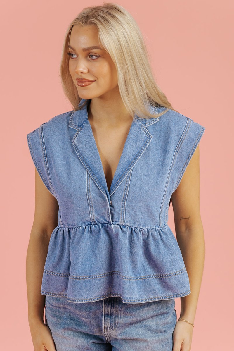 Dusk Blue Lapel Denim Babydoll Top for Casual Style - Love Salve