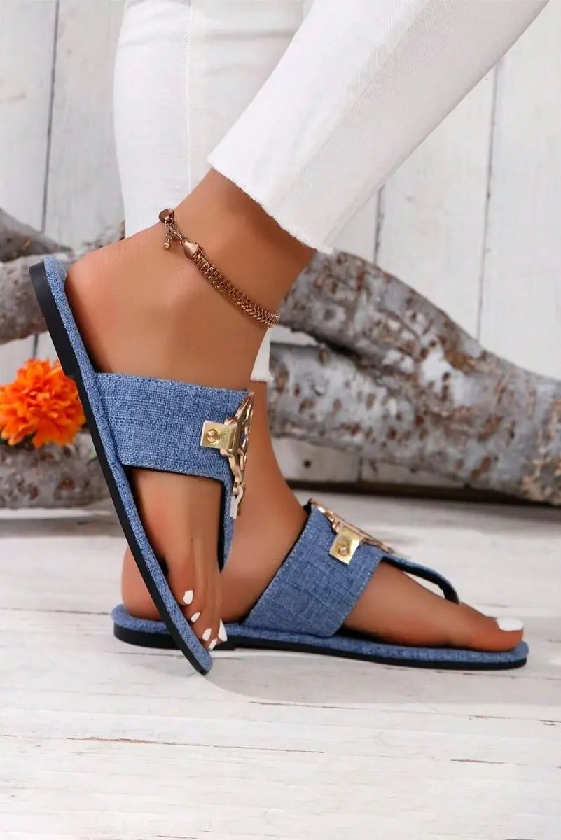 Dusk Blue Metal Decor Leather Thong Slippers - Love Salve 
