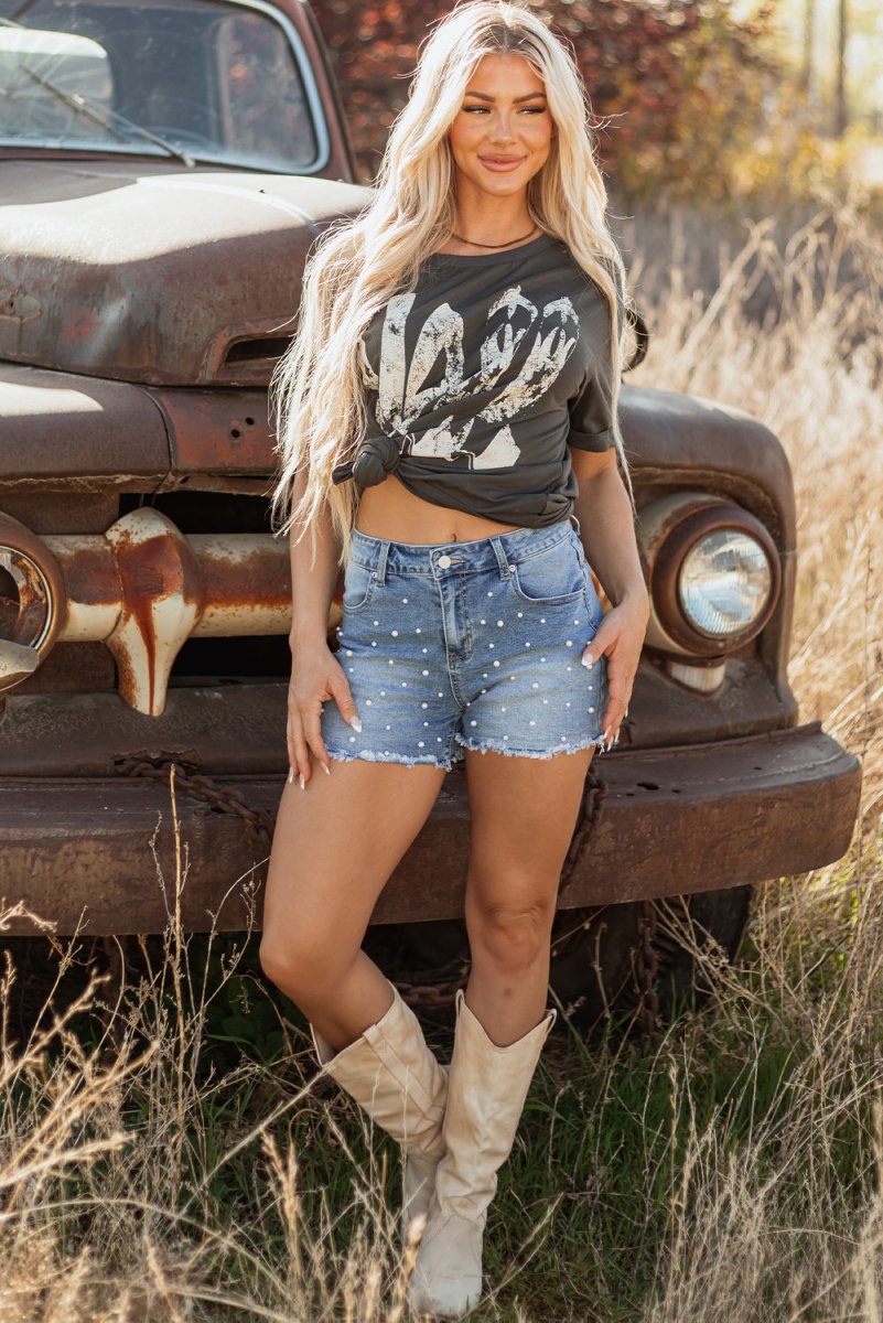 Dusk Blue Pearl Beaded Raw Hem Medium Wash Denim Shorts - Love Salve 