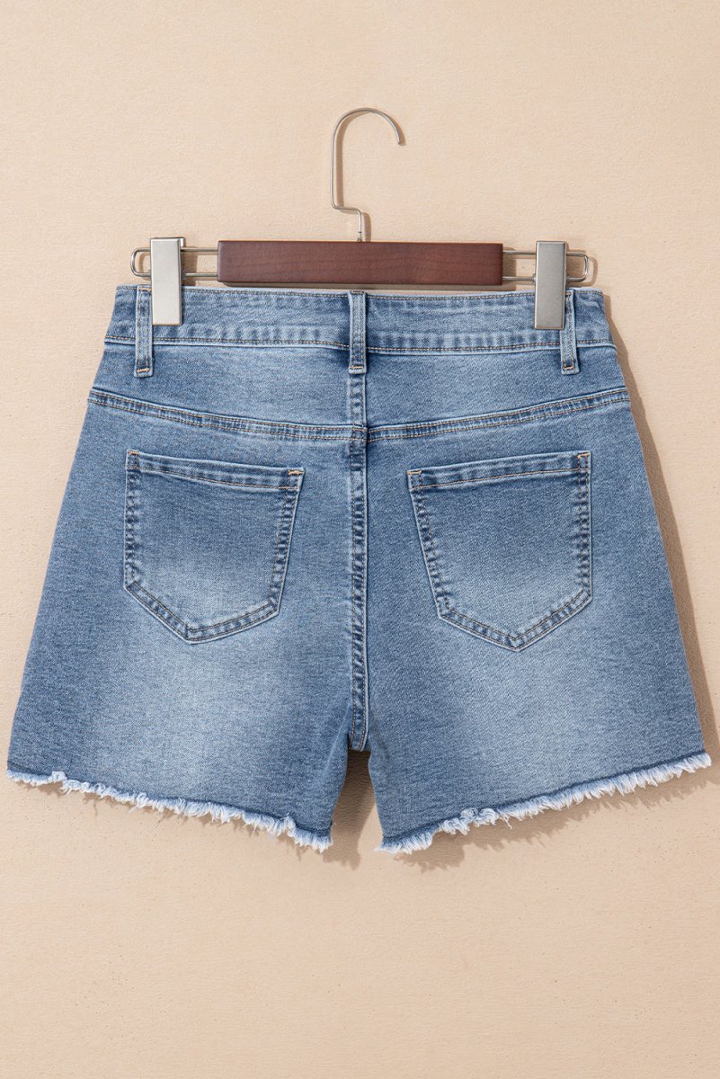 Dusk Blue Pearl Beaded Raw Hem Medium Wash Denim Shorts - Love Salve 