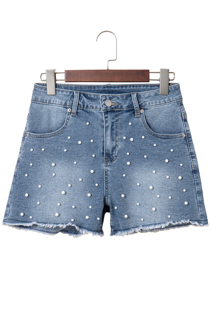 Dusk Blue Pearl Beaded Raw Hem Medium Wash Denim Shorts - Love Salve 