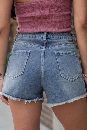 Dusk Blue Pearl Beaded Raw Hem Medium Wash Denim Shorts - Love Salve 