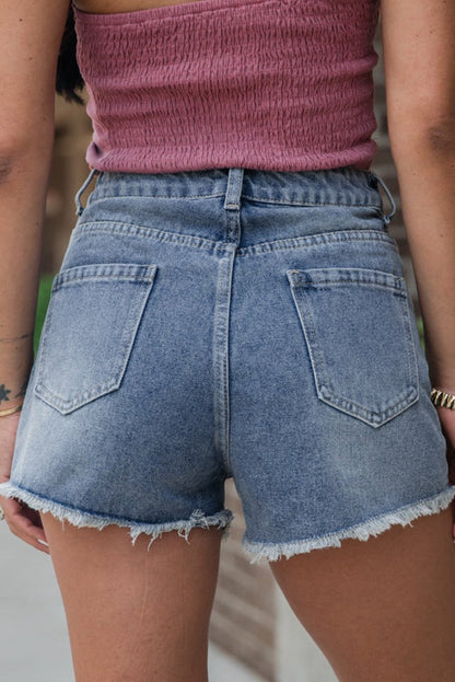 Dusk Blue Pearl Beaded Raw Hem Medium Wash Denim Shorts - Love Salve 