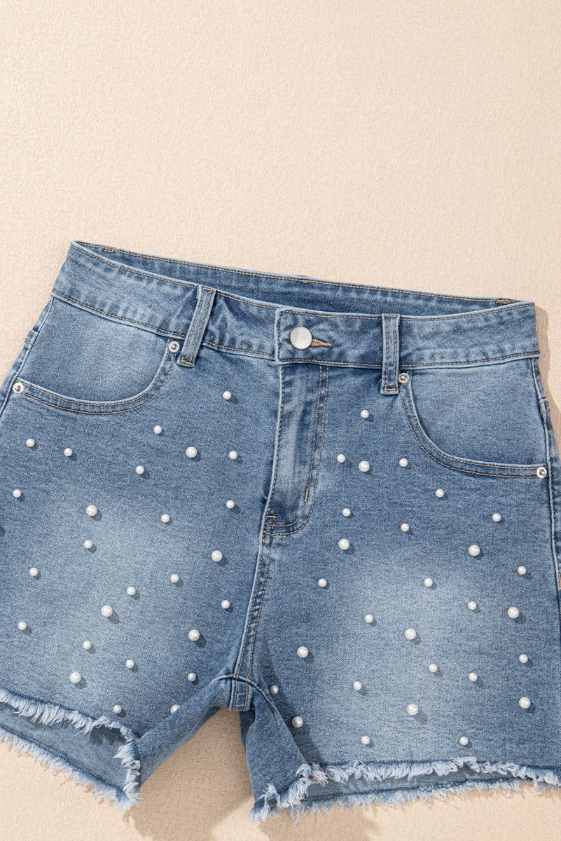 Dusk Blue Pearl Beaded Raw Hem Medium Wash Denim Shorts - Love Salve 