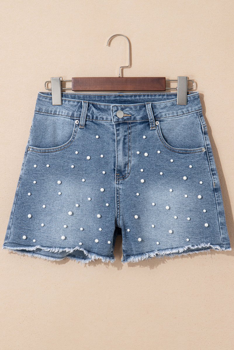 Dusk Blue Pearl Beaded Raw Hem Medium Wash Denim Shorts - Love Salve 