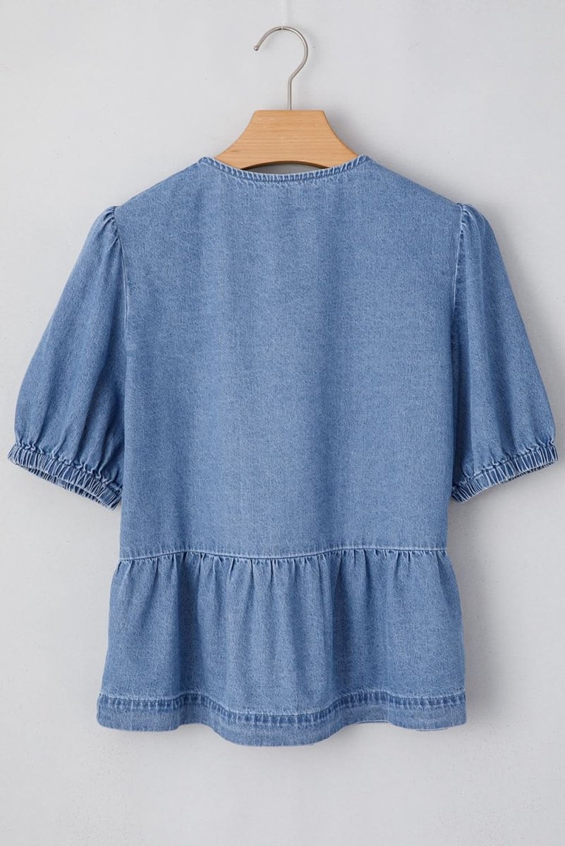 Dusk Blue Tie-Front Peplum Denim Shirt with Bubble Sleeves - Love Salve 