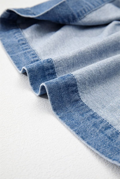 Dusk Blue Tie-Front Peplum Denim Shirt with Bubble Sleeves - Love Salve 