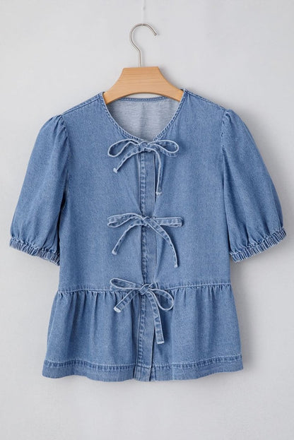 Dusk Blue Tie-Front Peplum Denim Shirt with Bubble Sleeves - Love Salve 