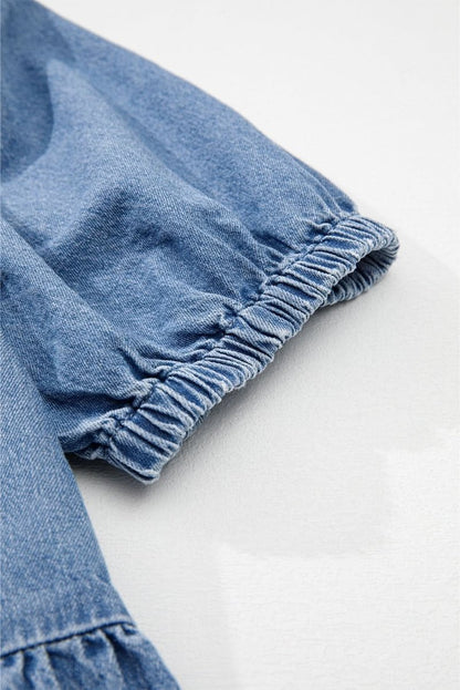 Dusk Blue Tie-Front Peplum Denim Shirt with Bubble Sleeves - Love Salve 