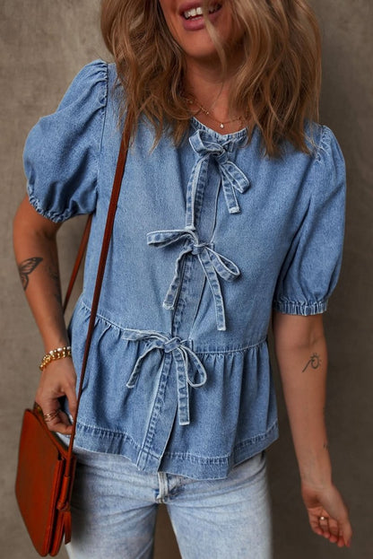 Dusk Blue Tie-Front Peplum Denim Shirt with Bubble Sleeves - Love Salve 