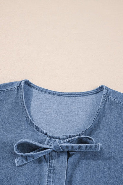 Dusk Blue Tie-Front Peplum Denim Shirt with Bubble Sleeves - Love Salve 