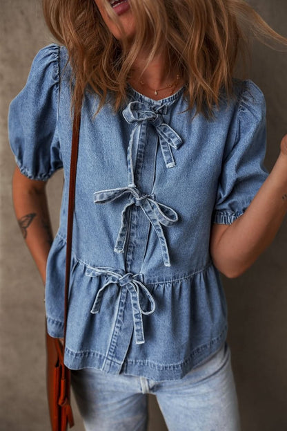 Dusk Blue Tie-Front Peplum Denim Shirt with Bubble Sleeves - Love Salve 