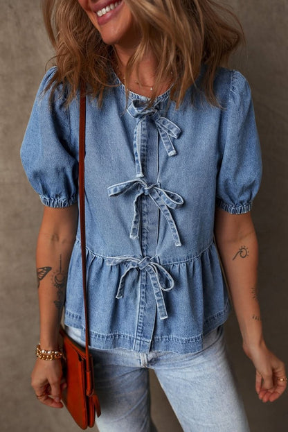 Dusk Blue Tie-Front Peplum Denim Shirt with Bubble Sleeves - Love Salve 
