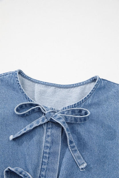 Dusk Blue Tie-Front Peplum Denim Shirt with Bubble Sleeves - Love Salve 