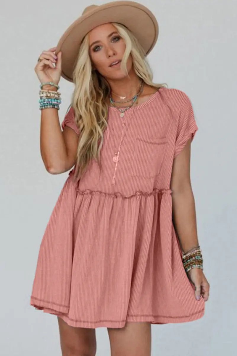 Dusty Pink Corded Knit Textured Patched Pocket Frilled Swing Mini Dress - Love Salve 