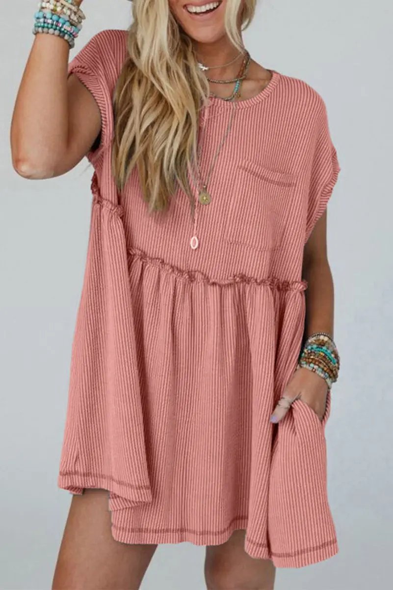 Dusty Pink Corded Knit Textured Patched Pocket Frilled Swing Mini Dress - Love Salve 