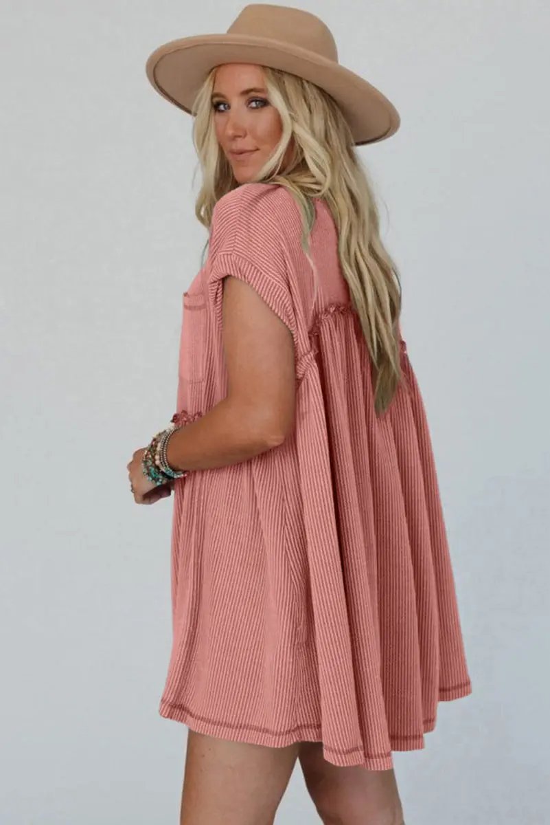 Dusty Pink Corded Knit Textured Patched Pocket Frilled Swing Mini Dress - Love Salve 