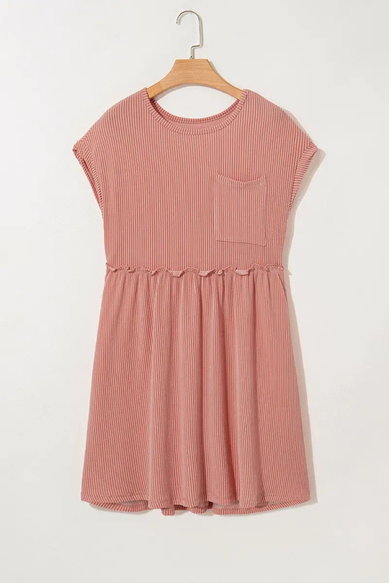 Dusty Pink Corded Knit Textured Patched Pocket Frilled Swing Mini Dress - Love Salve 