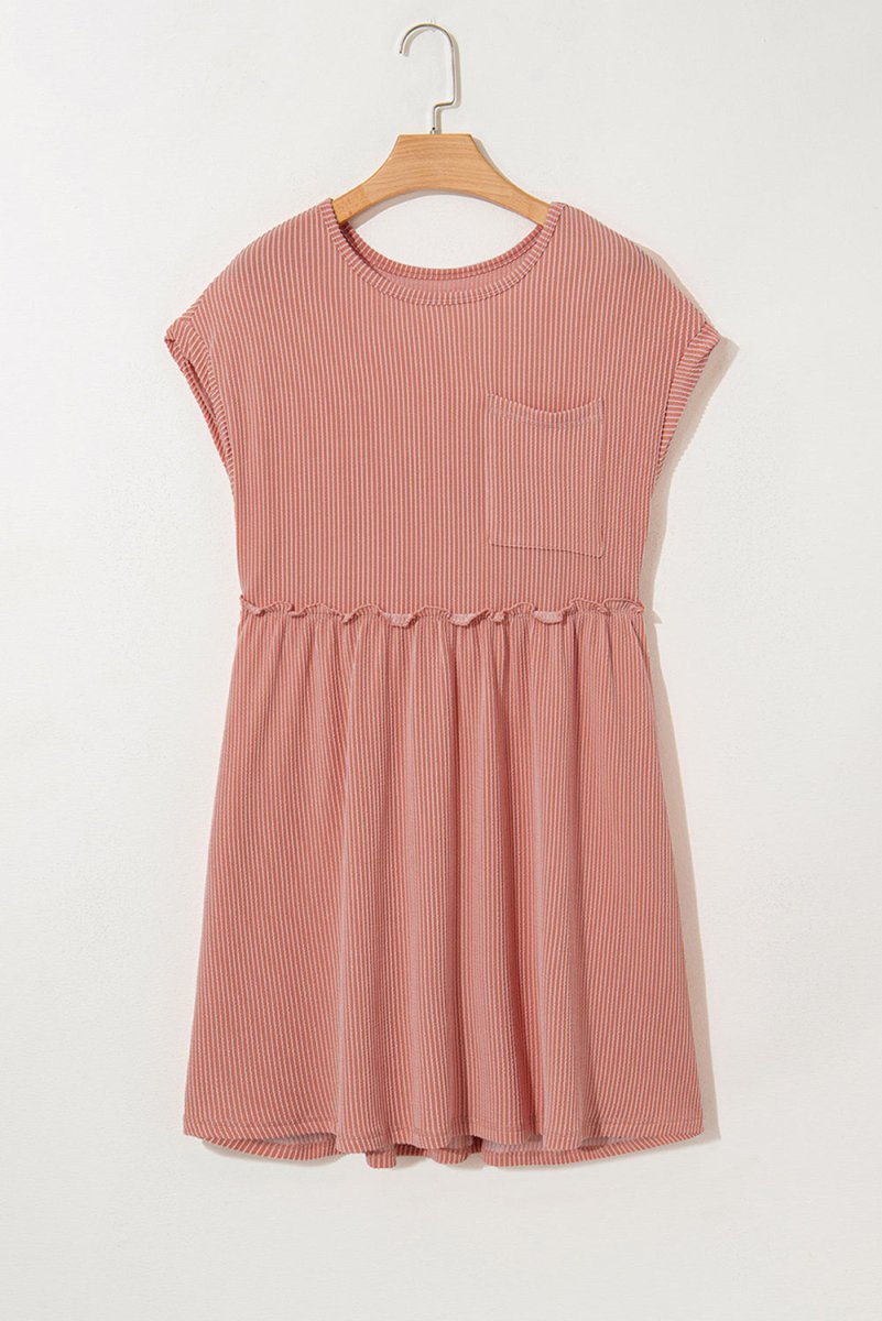 Dusty Pink Corded Knit Textured Patched Pocket Frilled Swing Mini Dress - Love Salve 