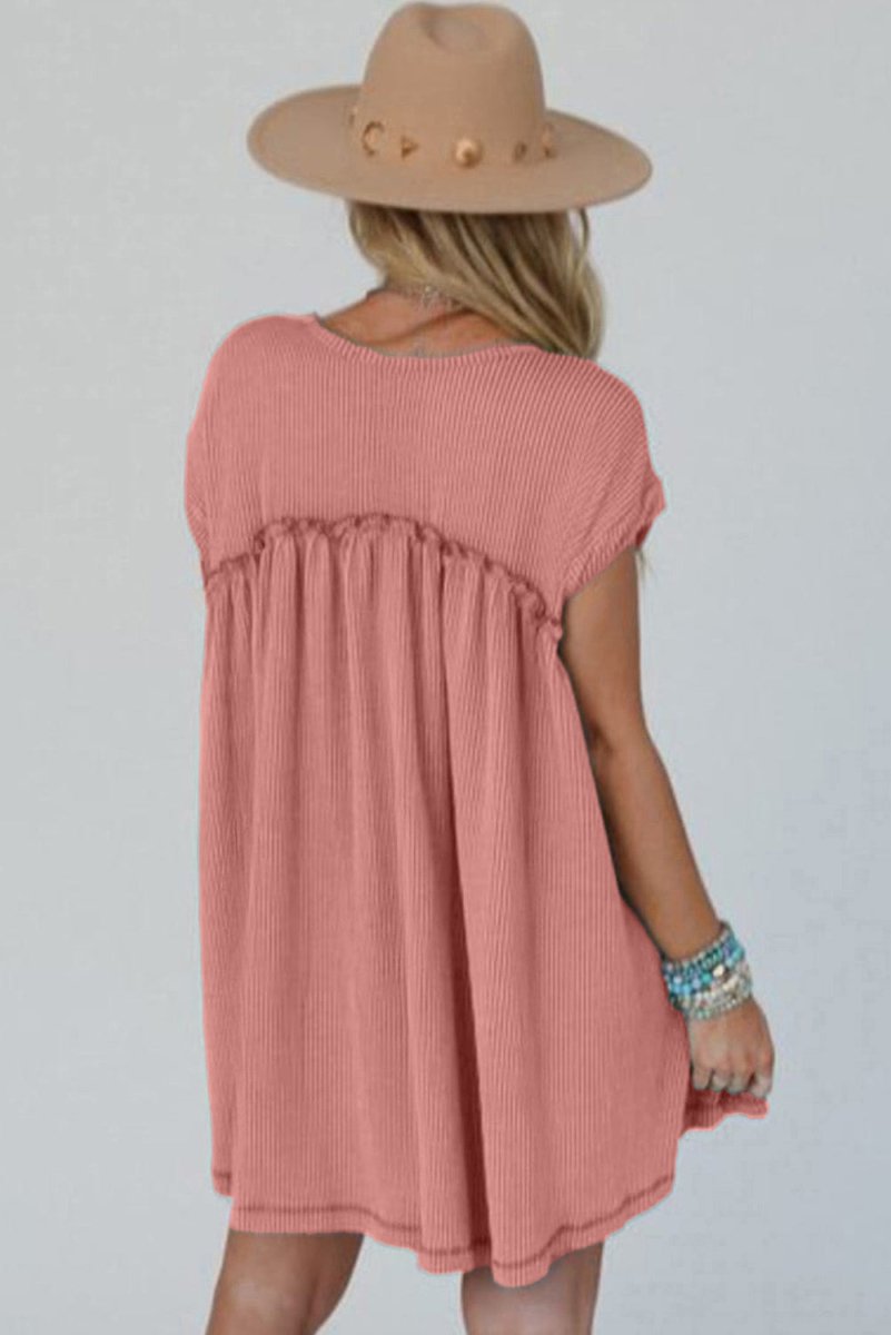 Dusty Pink Corded Knit Textured Patched Pocket Frilled Swing Mini Dress - Love Salve 