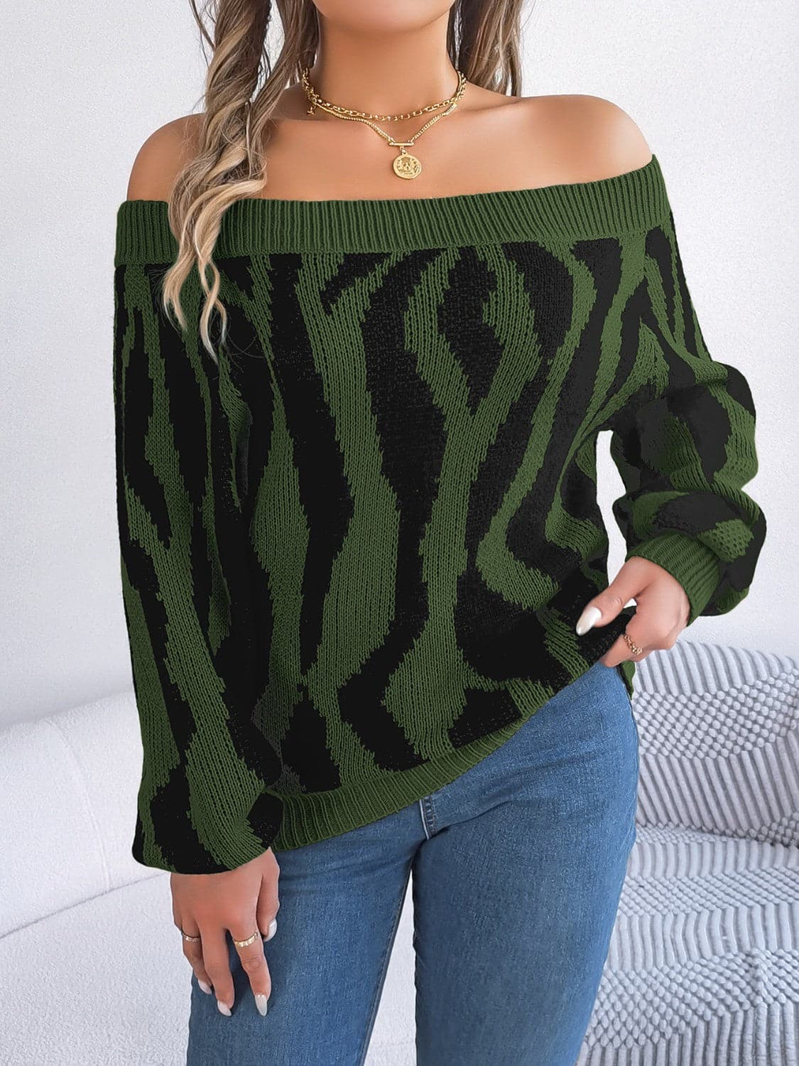 Off-Shoulder Animal Print Long Sleeve Sweater.