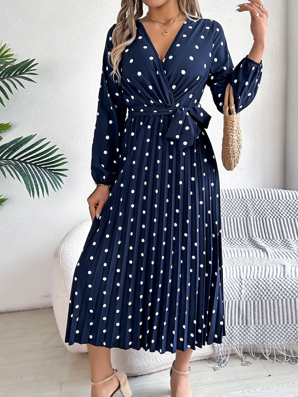 Tied Polka Dot Long Sleeve Midi Dress.