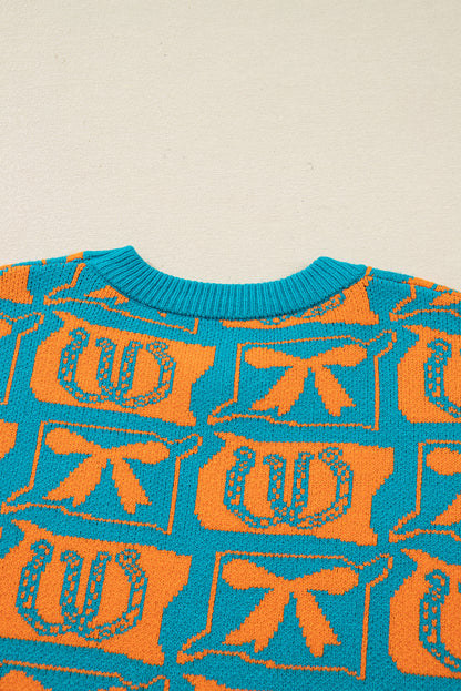 Light Blue Bows And Horseshoes Pattern Western Sweater
