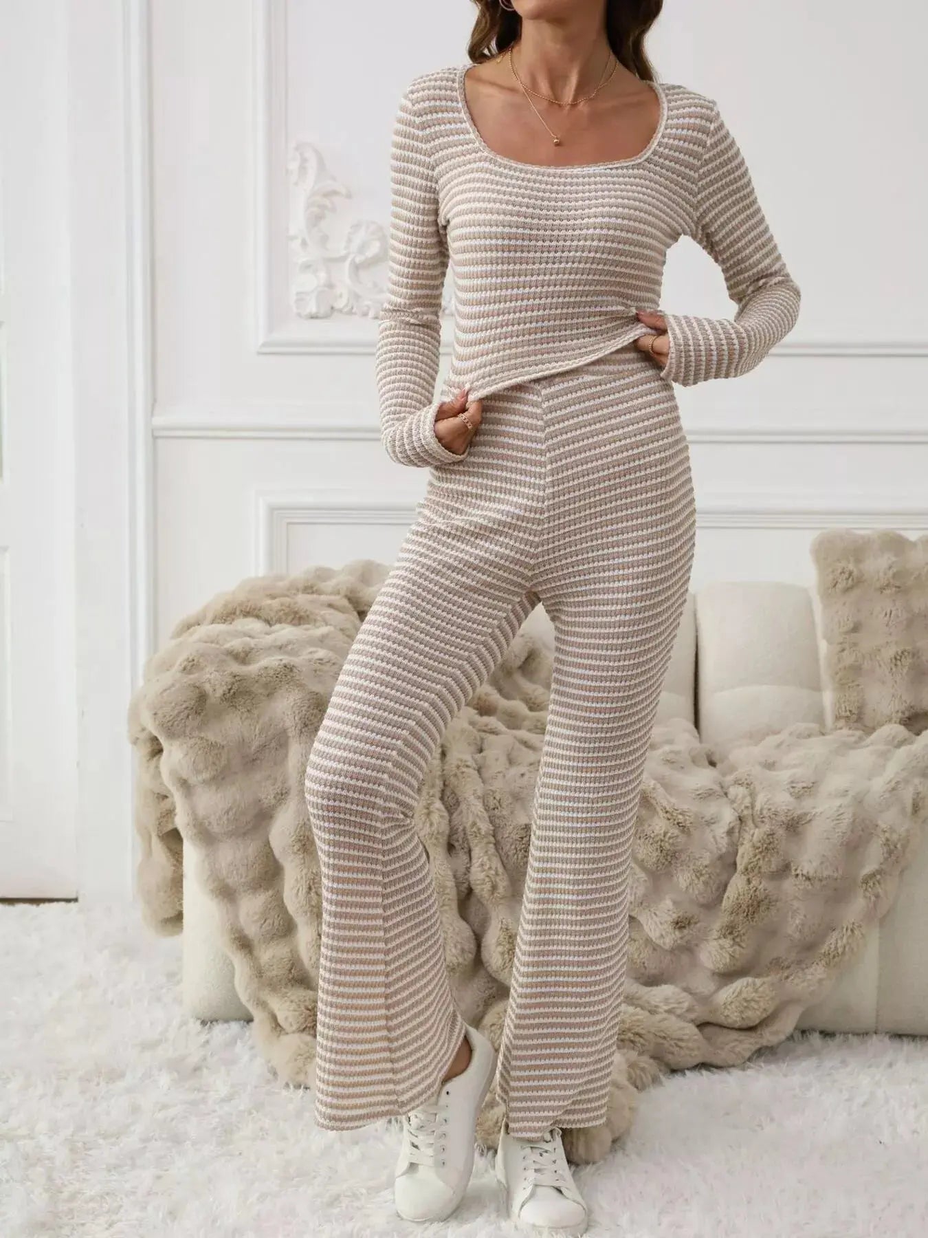 Striped Knit Long Sleeve Top & Flare Leg Pants Set Simply Love