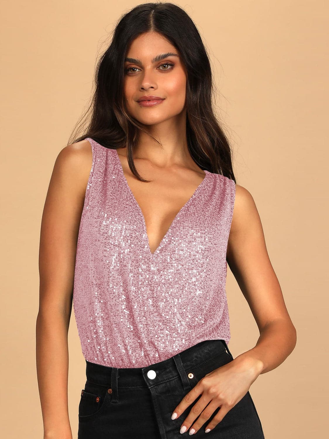 Sequin Surplice Sleeveless Bodysuit.