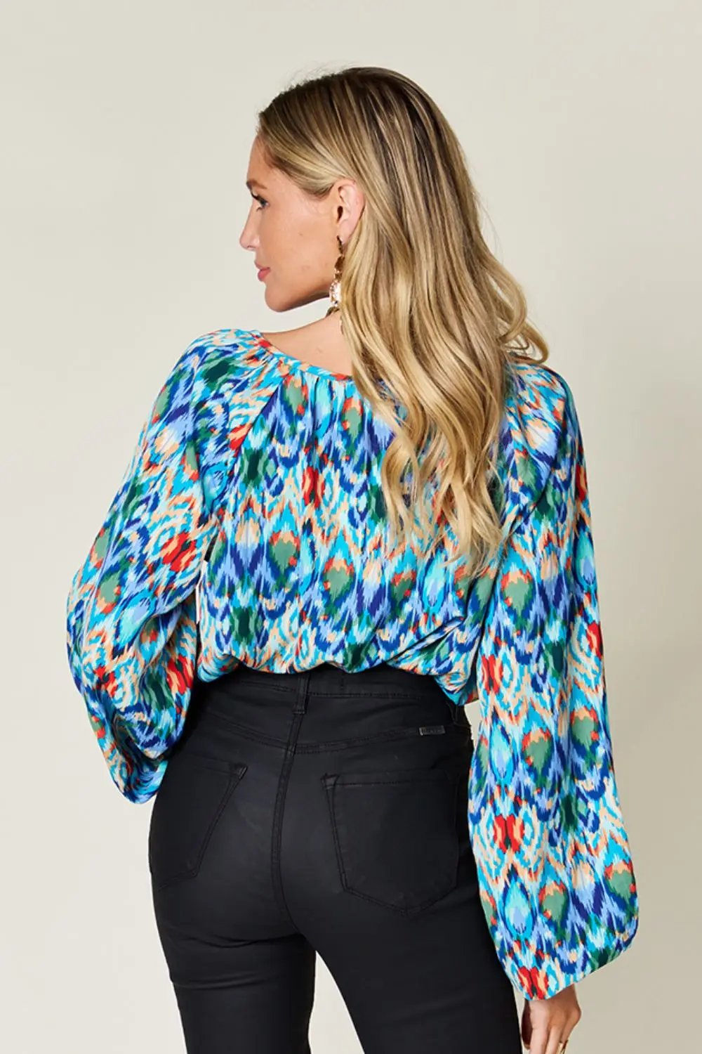 Double Take Full Size Printed Balloon Sleeve Blouse - Love Salve