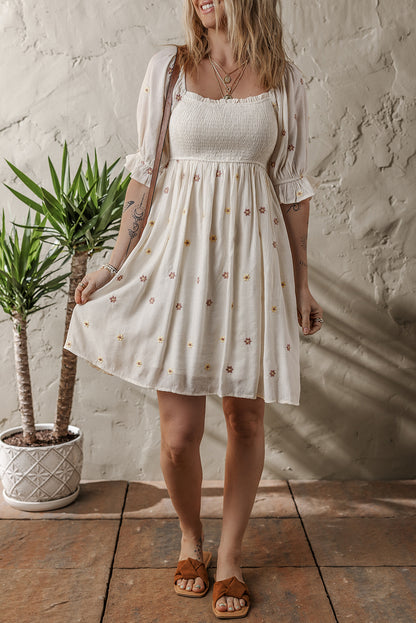 Beige Embroidered Flower Smocked Bust Half Puff Sleeve Dress