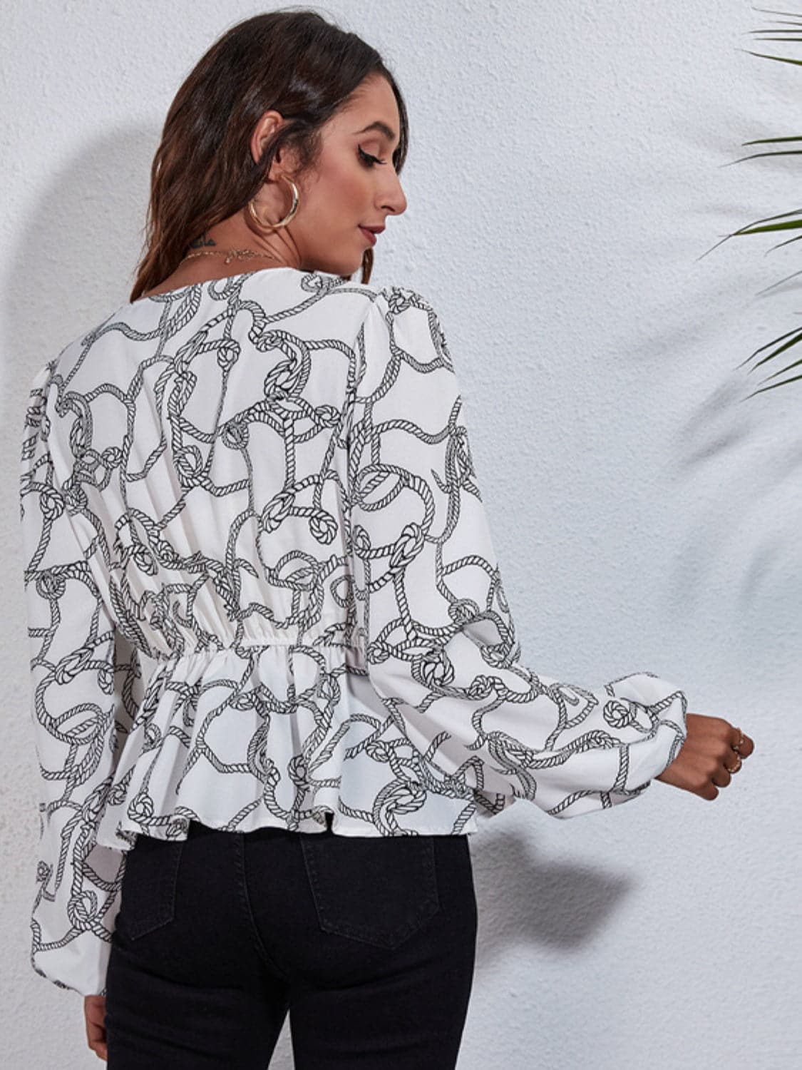 Ruched Printed V-Neck Long Sleeve Blouse.