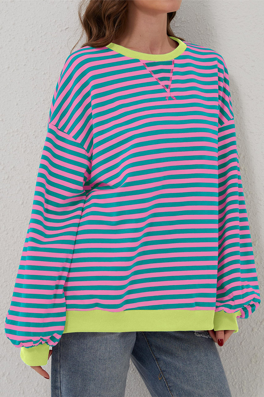 Trendy green striped oversized pullover with contrast detailing