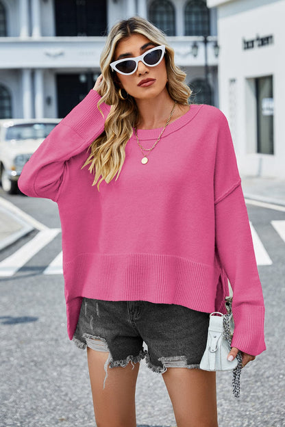 High-Low Slit Round Neck Long Sleeve Sweater.