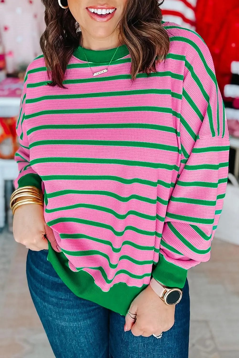 Cozy pink stripe plus size sweatshirt - Love Salve 