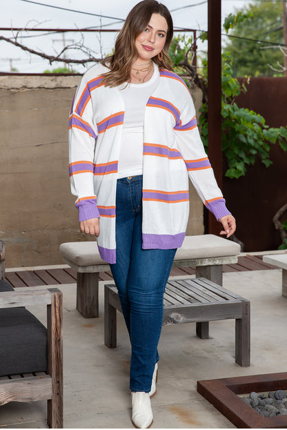 Cozy beige plus size striped cardigan with dropped shoulders