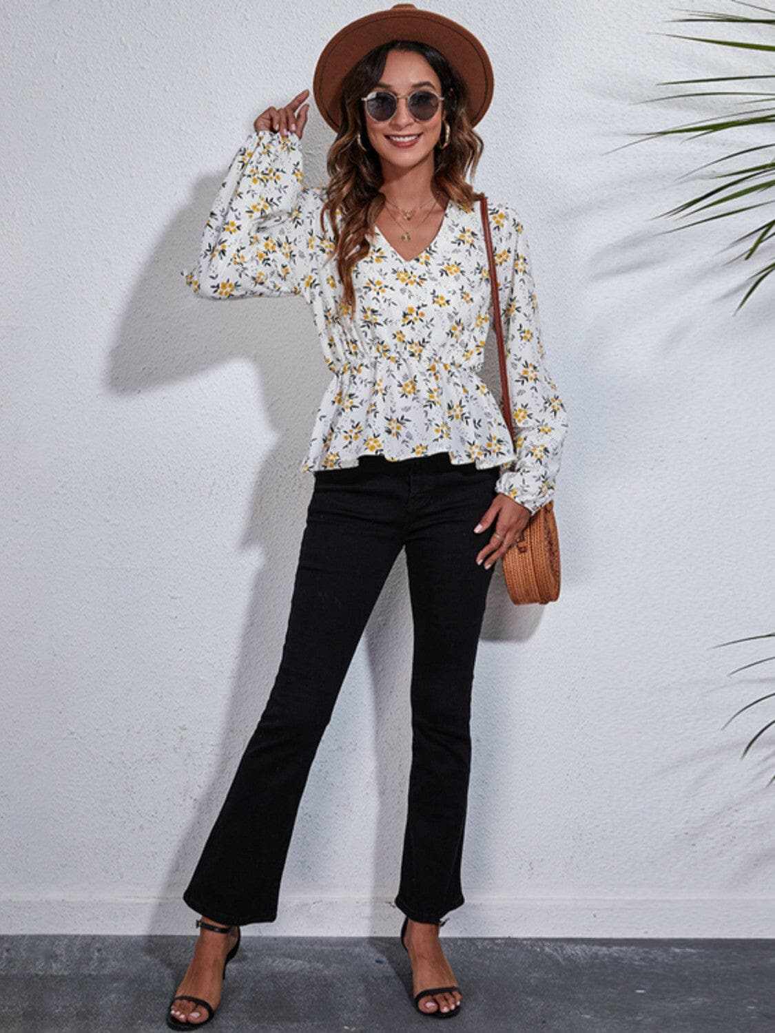 Floral peplum blouse with v-neck - Love Salve 