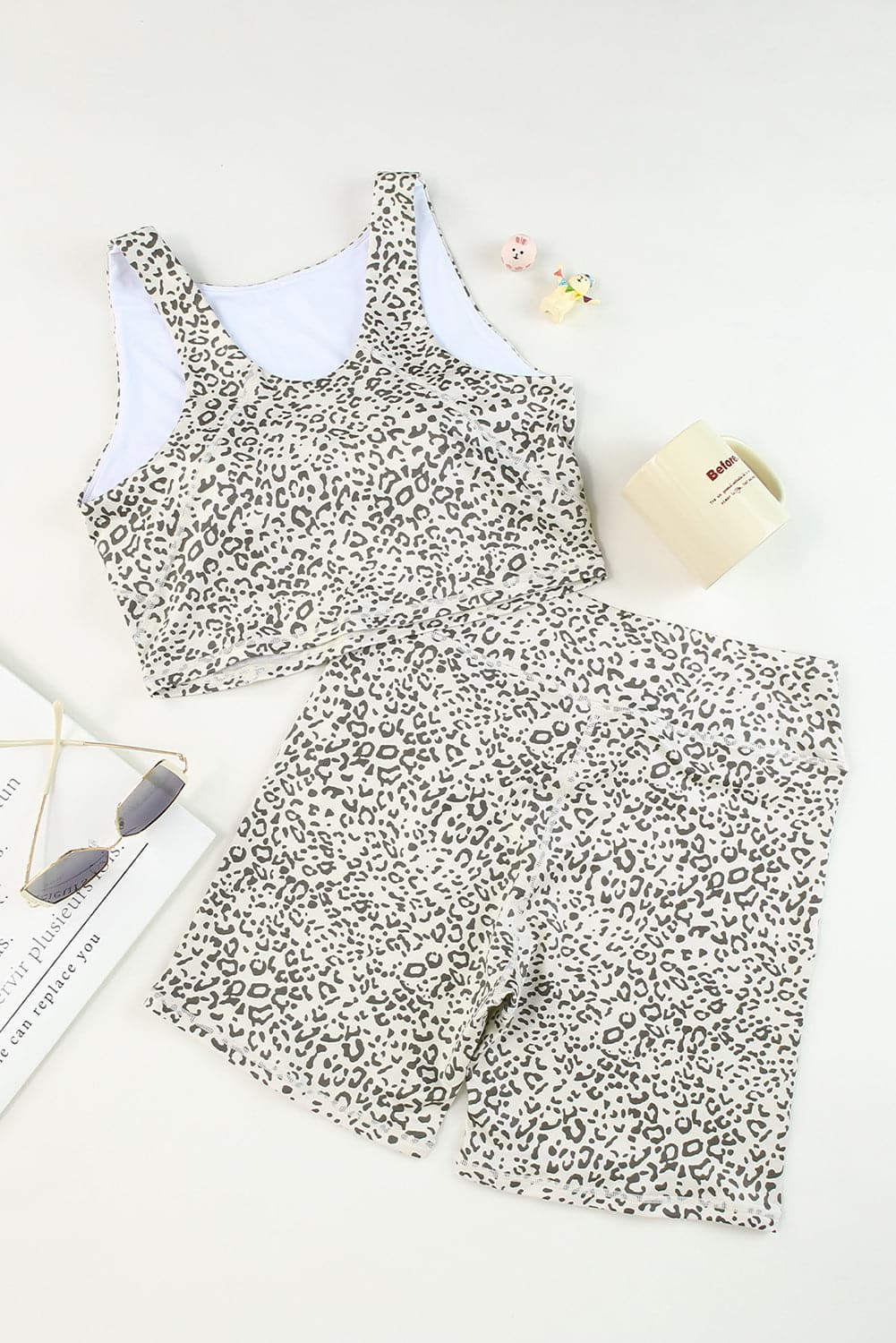 Leopard Round Neck Wide Strap Top and Shorts Set.