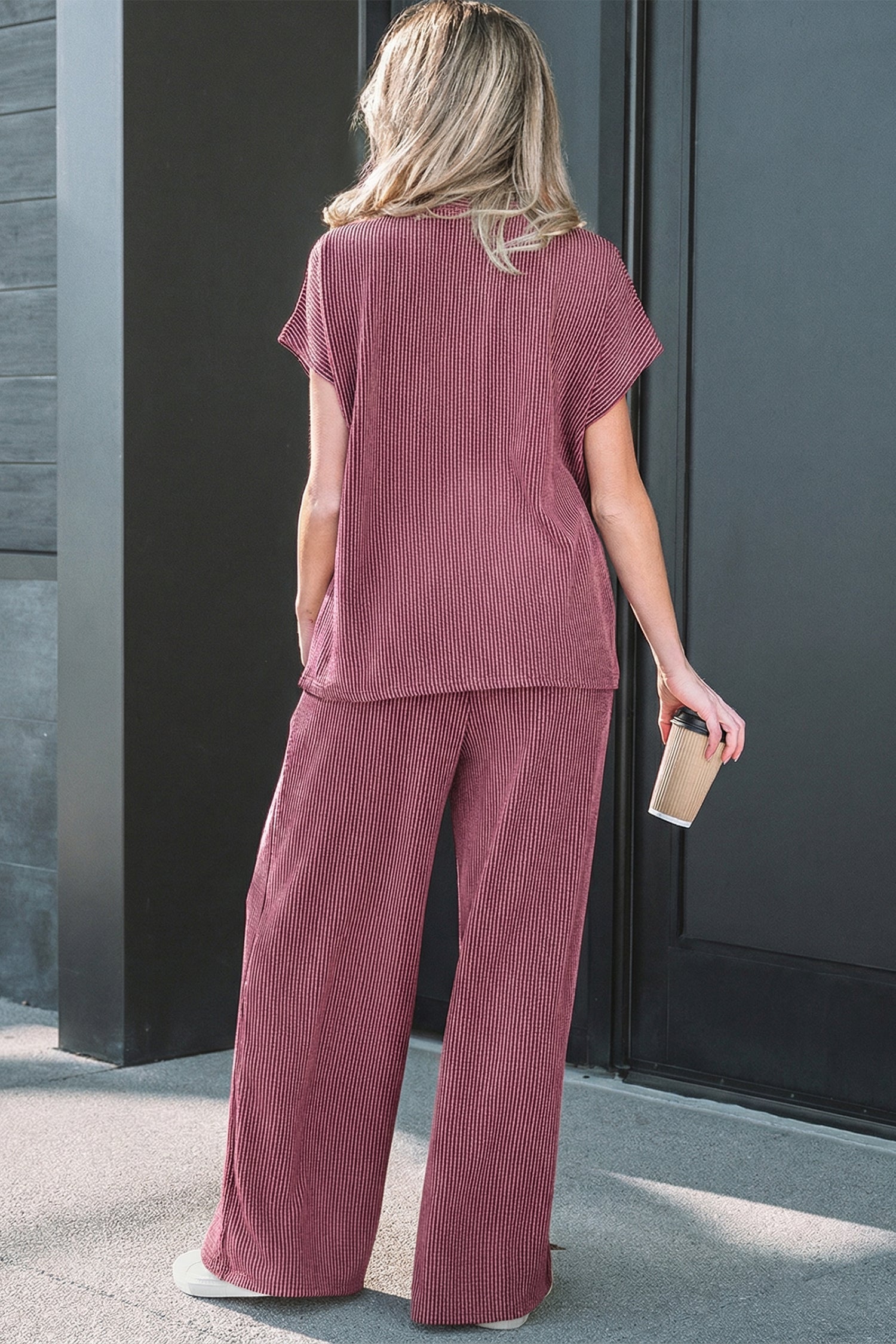 Burgundy Twisted Ribbed High Neck Tee and Elastic Waist Pants Set Dear-Lover Dropshipping