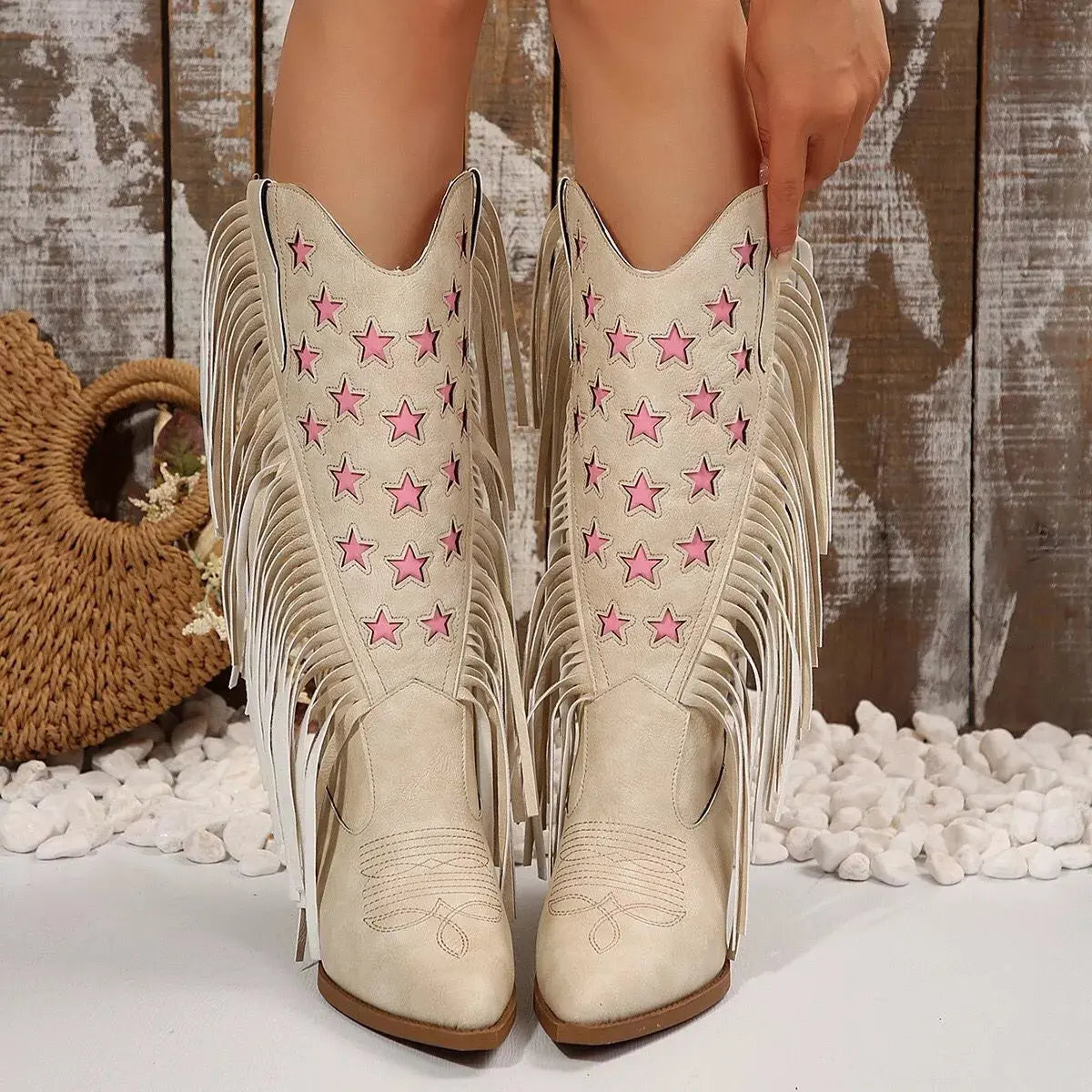 Star Fringe Block Heel Boots Simply Love