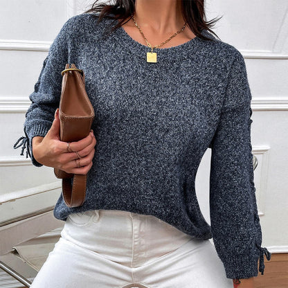 Lace-Up Long Sleeve Round Neck Sweater.