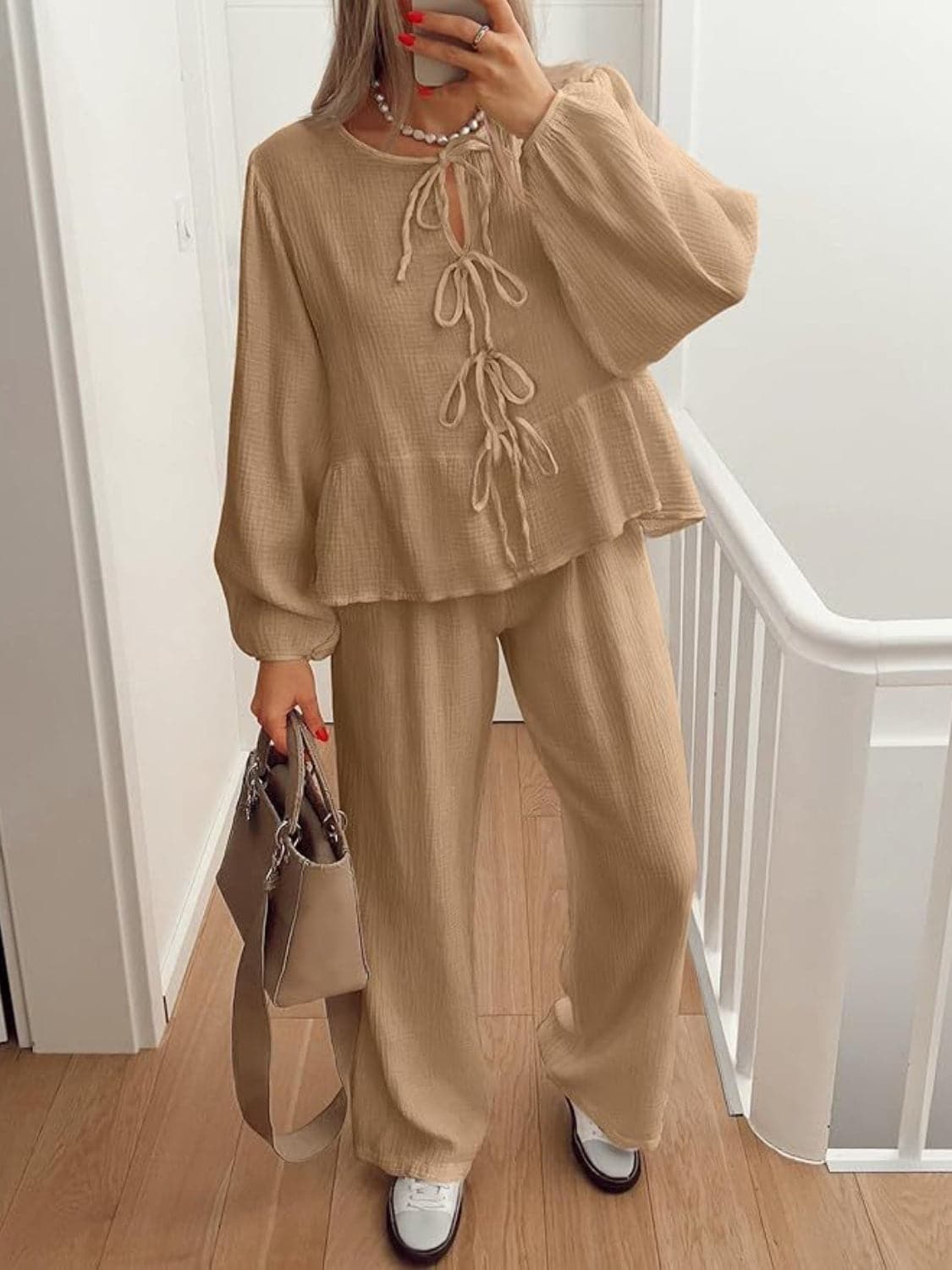 Chic tie neck balloon sleeve top and pants ensemble