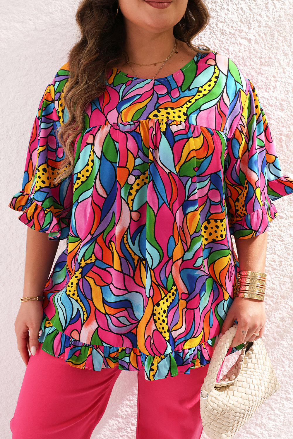 Floral flair plus size blouse with playful frills