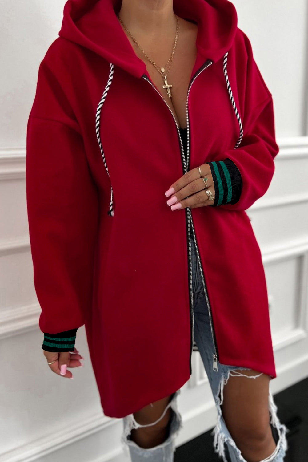 Racing Red Contrast Cuffed Drop Shoulder Zip Up Tunic Hoodie Dear-Lover Dropshipping