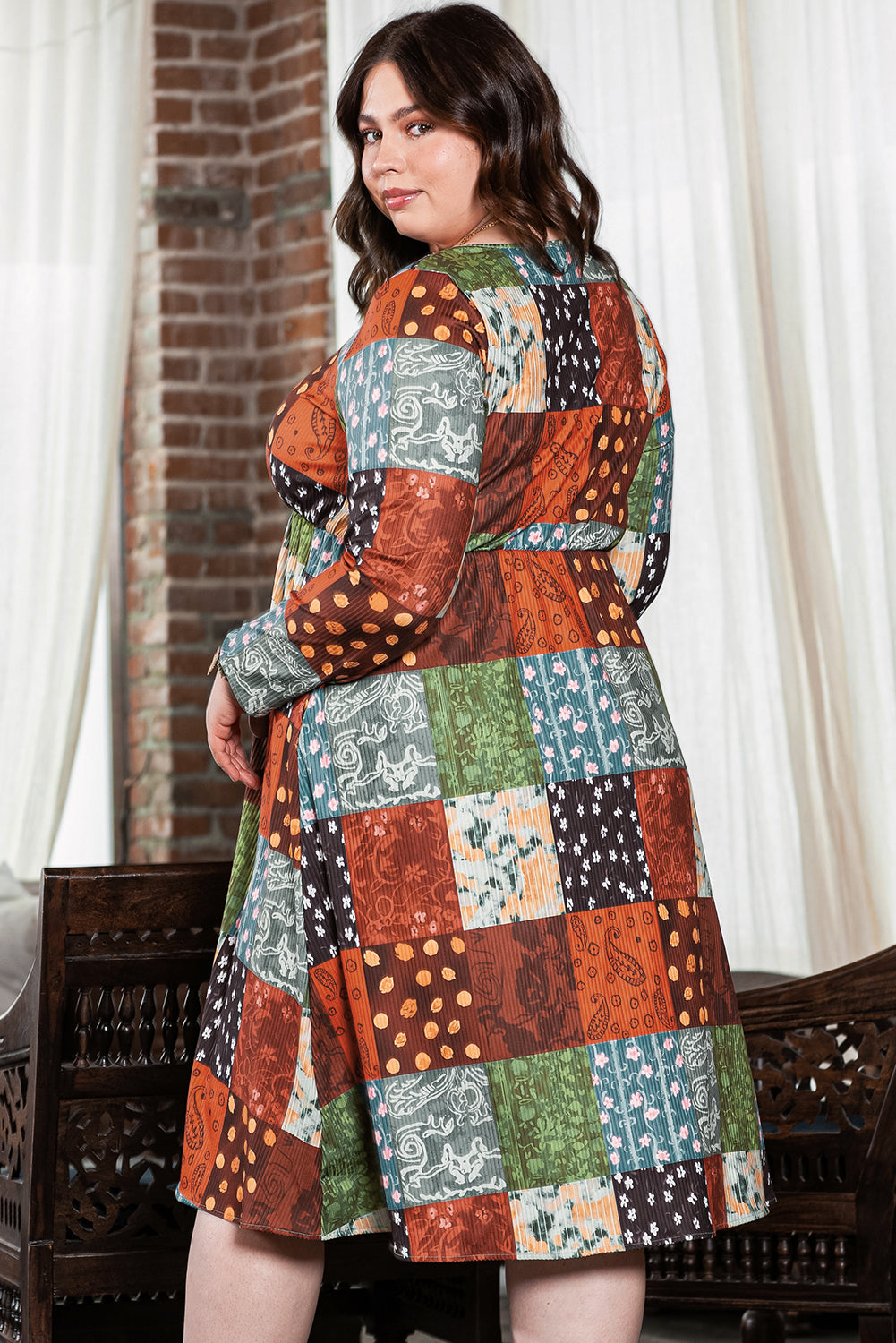 Chic multicolor checkered plus size swing dress in green