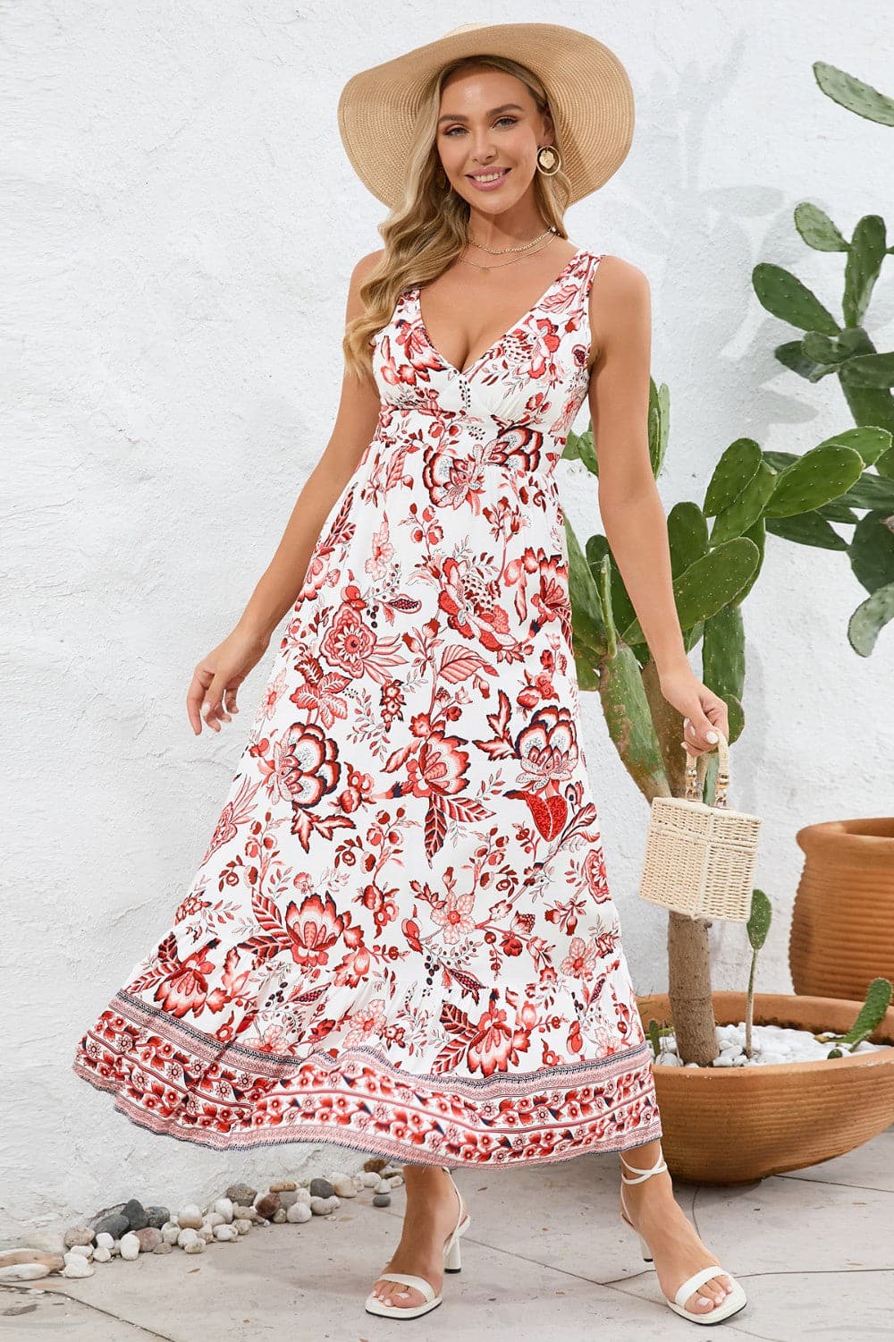 Printed V-Neck Wide Strap Dress.