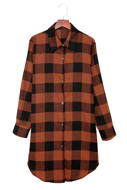 Chic brown plaid shirt coat with turn-down collar